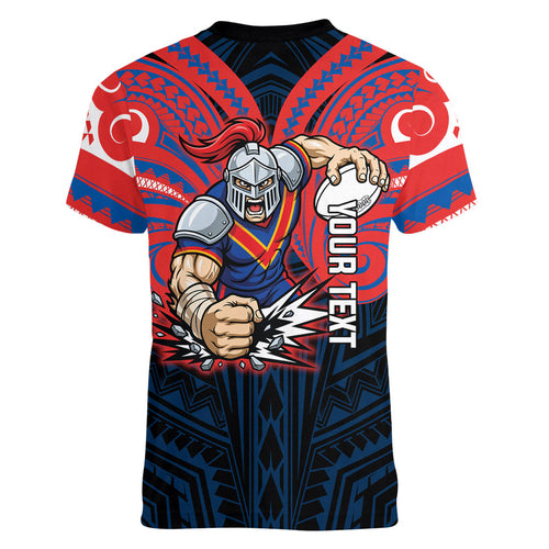 Custom Newcastle Knight Women V-Neck T-Shirt Knight Warrior Polynesia Islander Rugby Mascot