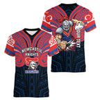 Custom Newcastle Knight Women V-Neck T-Shirt Knight Warrior Polynesia Islander Rugby Mascot