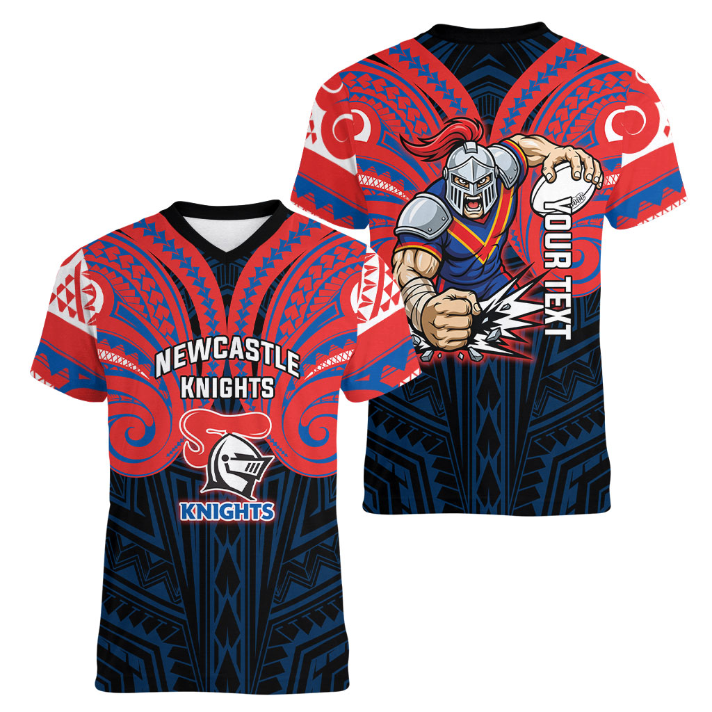 Custom Newcastle Knight Women V-Neck T-Shirt Knight Warrior Polynesia Islander Rugby Mascot