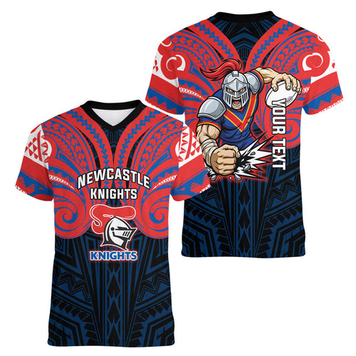 Custom Newcastle Knight Women V-Neck T-Shirt Knight Warrior Polynesia Islander Rugby Mascot