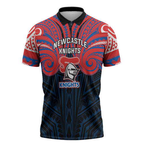 Custom Newcastle Knight Zipper Polo Shirt Knight Warrior Polynesia Islander Rugby Mascot