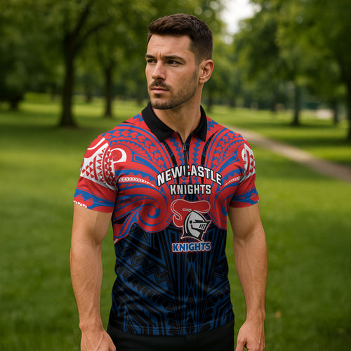 Custom Newcastle Knight Zipper Polo Shirt Knight Warrior Polynesia Islander Rugby Mascot