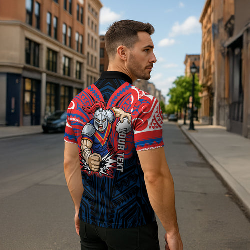 Custom Newcastle Knight Zipper Polo Shirt Knight Warrior Polynesia Islander Rugby Mascot
