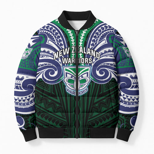 Custom New Zealand Warriors Bomber Puffer Jacket Maori Warrior Polynesia Islander Rugby Mascot