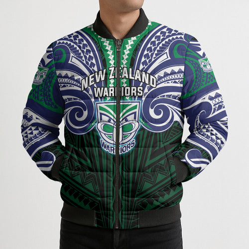 Custom New Zealand Warriors Bomber Puffer Jacket Maori Warrior Polynesia Islander Rugby Mascot