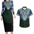 Custom New Zealand Warriors Couples Matching Long Sleeve Bodycon Dress and Hawaiian Shirt Maori Warrior Polynesia Islander Rugby Mascot