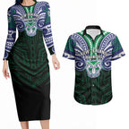 Custom New Zealand Warriors Couples Matching Long Sleeve Bodycon Dress and Hawaiian Shirt Maori Warrior Polynesia Islander Rugby Mascot