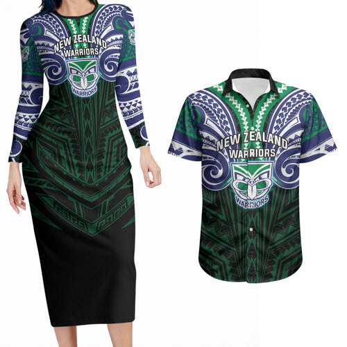 Custom New Zealand Warriors Couples Matching Long Sleeve Bodycon Dress and Hawaiian Shirt Maori Warrior Polynesia Islander Rugby Mascot