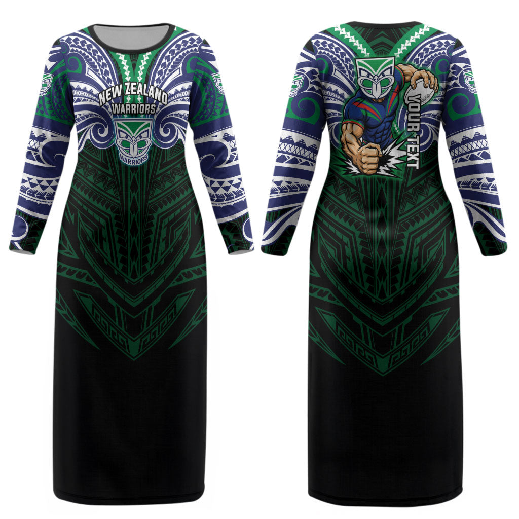Custom New Zealand Warriors Couples Matching Long Sleeve Bodycon Dress and Hawaiian Shirt Maori Warrior Polynesia Islander Rugby Mascot