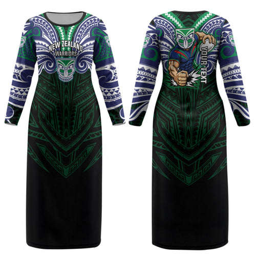 Custom New Zealand Warriors Couples Matching Long Sleeve Bodycon Dress and Hawaiian Shirt Maori Warrior Polynesia Islander Rugby Mascot