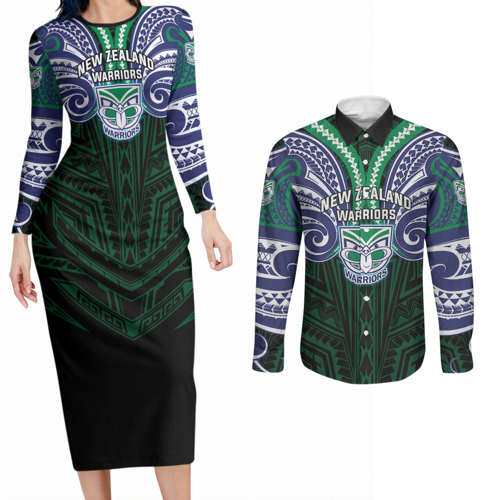 Custom New Zealand Warriors Couples Matching Long Sleeve Bodycon Dress and Long Sleeve Button Shirt Maori Warrior Polynesia Islander Rugby Mascot