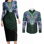Custom New Zealand Warriors Couples Matching Long Sleeve Bodycon Dress and Long Sleeve Button Shirt Maori Warrior Polynesia Islander Rugby Mascot