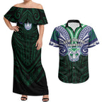 Custom New Zealand Warriors Couples Matching Off Shoulder Maxi Dress and Hawaiian Shirt Maori Warrior Polynesia Islander Rugby Mascot
