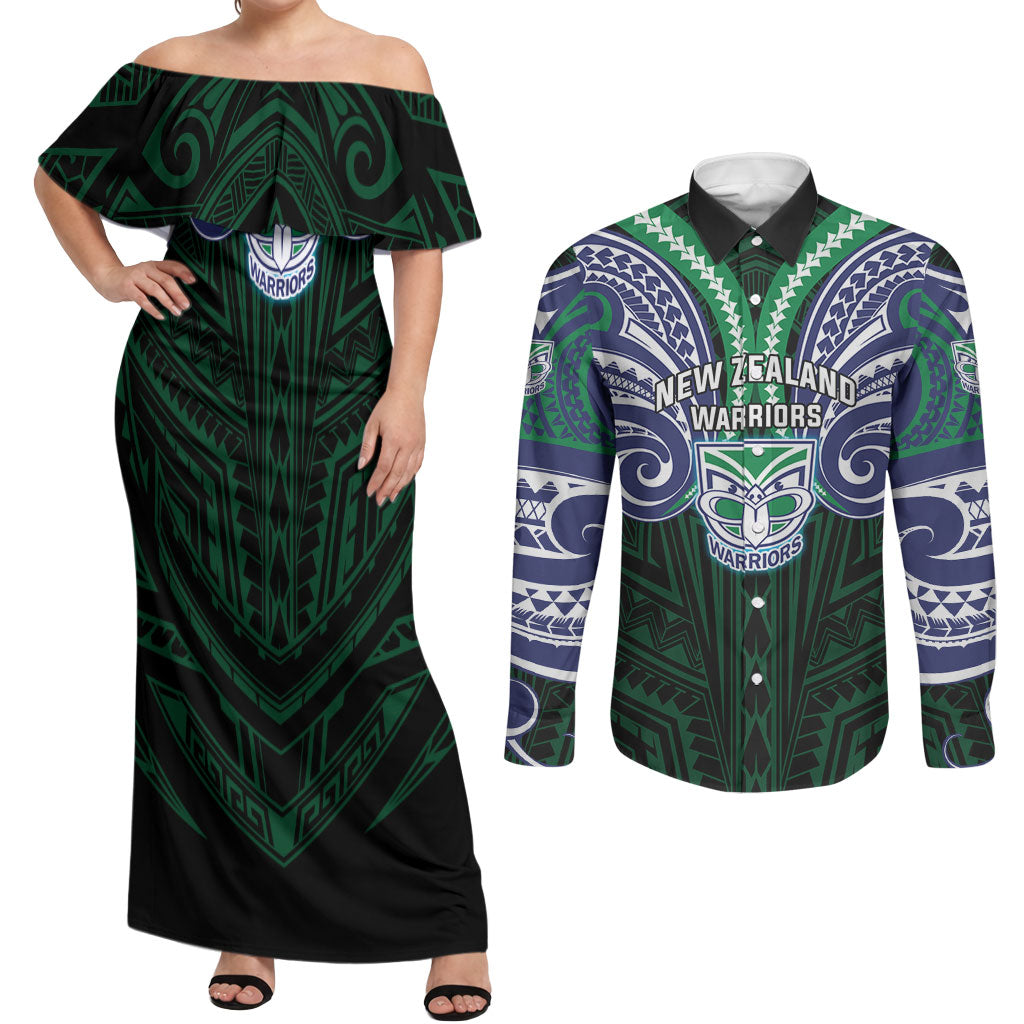 Custom New Zealand Warriors Couples Matching Off Shoulder Maxi Dress and Long Sleeve Button Shirt Maori Warrior Polynesia Islander Rugby Mascot