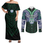 Custom New Zealand Warriors Couples Matching Off Shoulder Maxi Dress and Long Sleeve Button Shirt Maori Warrior Polynesia Islander Rugby Mascot