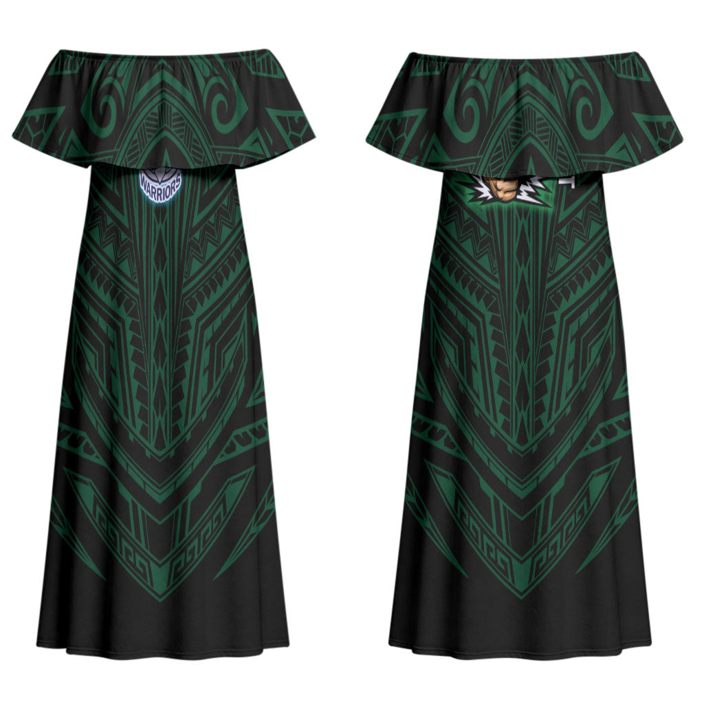 Custom New Zealand Warriors Couples Matching Off Shoulder Maxi Dress and Long Sleeve Button Shirt Maori Warrior Polynesia Islander Rugby Mascot