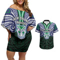 Custom New Zealand Warriors Couples Matching Off Shoulder Short Dress and Hawaiian Shirt Maori Warrior Polynesia Islander Rugby Mascot