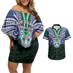 Custom New Zealand Warriors Couples Matching Off Shoulder Short Dress and Hawaiian Shirt Maori Warrior Polynesia Islander Rugby Mascot