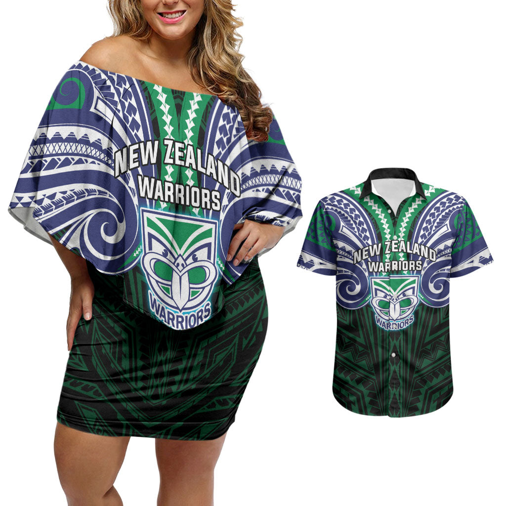 Custom New Zealand Warriors Couples Matching Off Shoulder Short Dress and Hawaiian Shirt Maori Warrior Polynesia Islander Rugby Mascot
