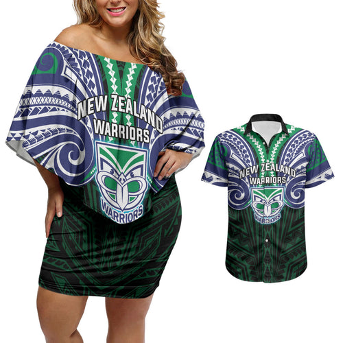 Custom New Zealand Warriors Couples Matching Off Shoulder Short Dress and Hawaiian Shirt Maori Warrior Polynesia Islander Rugby Mascot