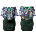 Custom New Zealand Warriors Couples Matching Off Shoulder Short Dress and Hawaiian Shirt Maori Warrior Polynesia Islander Rugby Mascot