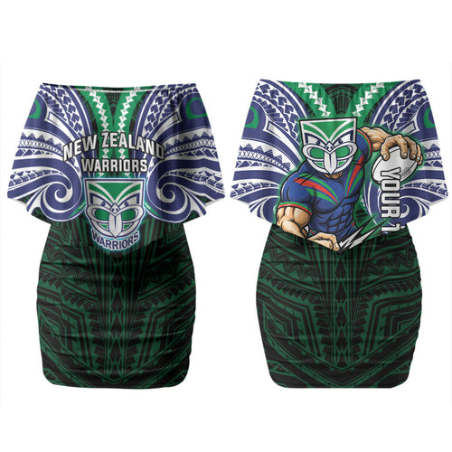 Custom New Zealand Warriors Couples Matching Off Shoulder Short Dress and Hawaiian Shirt Maori Warrior Polynesia Islander Rugby Mascot