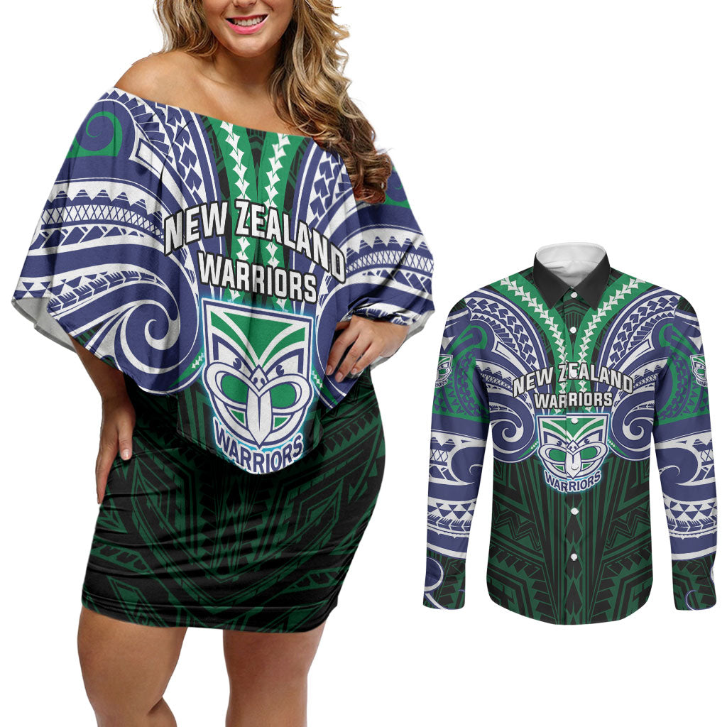 Custom New Zealand Warriors Couples Matching Off Shoulder Short Dress and Long Sleeve Button Shirt Maori Warrior Polynesia Islander Rugby Mascot