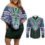 Custom New Zealand Warriors Couples Matching Off Shoulder Short Dress and Long Sleeve Button Shirt Maori Warrior Polynesia Islander Rugby Mascot
