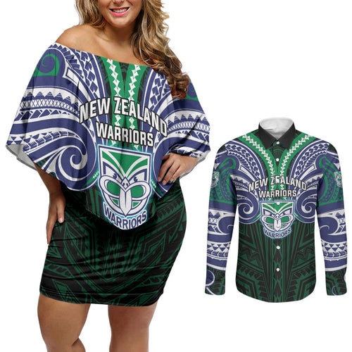 Custom New Zealand Warriors Couples Matching Off Shoulder Short Dress and Long Sleeve Button Shirt Maori Warrior Polynesia Islander Rugby Mascot