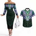 Custom New Zealand Warriors Couples Matching Off The Shoulder Long Sleeve Dress and Hawaiian Shirt Maori Warrior Polynesia Islander Rugby Mascot