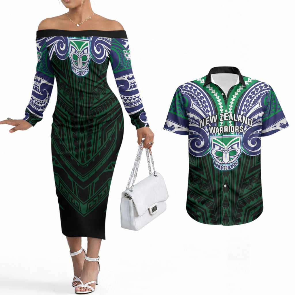 Custom New Zealand Warriors Couples Matching Off The Shoulder Long Sleeve Dress and Hawaiian Shirt Maori Warrior Polynesia Islander Rugby Mascot