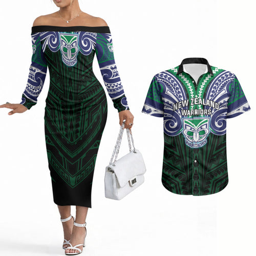 Custom New Zealand Warriors Couples Matching Off The Shoulder Long Sleeve Dress and Hawaiian Shirt Maori Warrior Polynesia Islander Rugby Mascot
