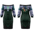 Custom New Zealand Warriors Couples Matching Off The Shoulder Long Sleeve Dress and Hawaiian Shirt Maori Warrior Polynesia Islander Rugby Mascot