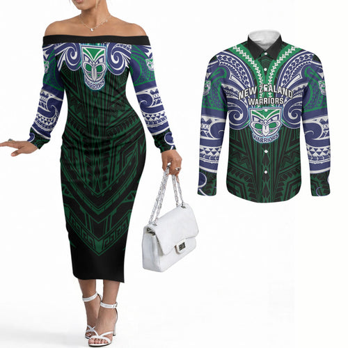 Custom New Zealand Warriors Couples Matching Off The Shoulder Long Sleeve Dress and Long Sleeve Button Shirt Maori Warrior Polynesia Islander Rugby Mascot