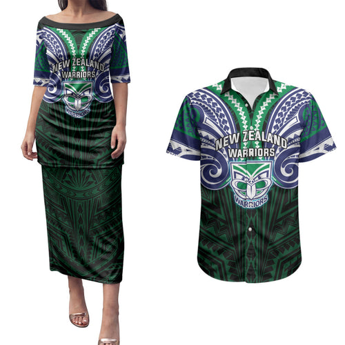 Custom New Zealand Warriors Couples Matching Puletasi and Hawaiian Shirt Maori Warrior Polynesia Islander Rugby Mascot