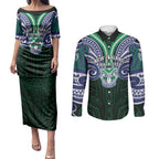 Custom New Zealand Warriors Couples Matching Puletasi and Long Sleeve Button Shirt Maori Warrior Polynesia Islander Rugby Mascot