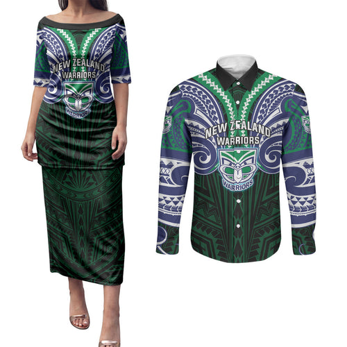 Custom New Zealand Warriors Couples Matching Puletasi and Long Sleeve Button Shirt Maori Warrior Polynesia Islander Rugby Mascot