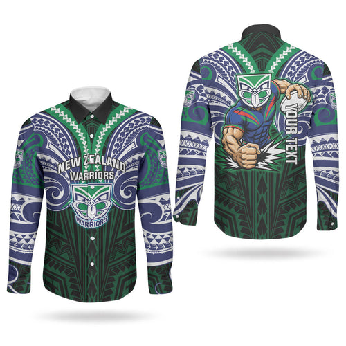Custom New Zealand Warriors Couples Matching Puletasi and Long Sleeve Button Shirt Maori Warrior Polynesia Islander Rugby Mascot