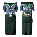 Custom New Zealand Warriors Couples Matching Puletasi and Long Sleeve Button Shirt Maori Warrior Polynesia Islander Rugby Mascot