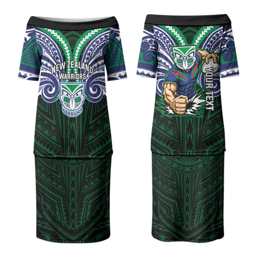 Custom New Zealand Warriors Couples Matching Puletasi and Long Sleeve Button Shirt Maori Warrior Polynesia Islander Rugby Mascot