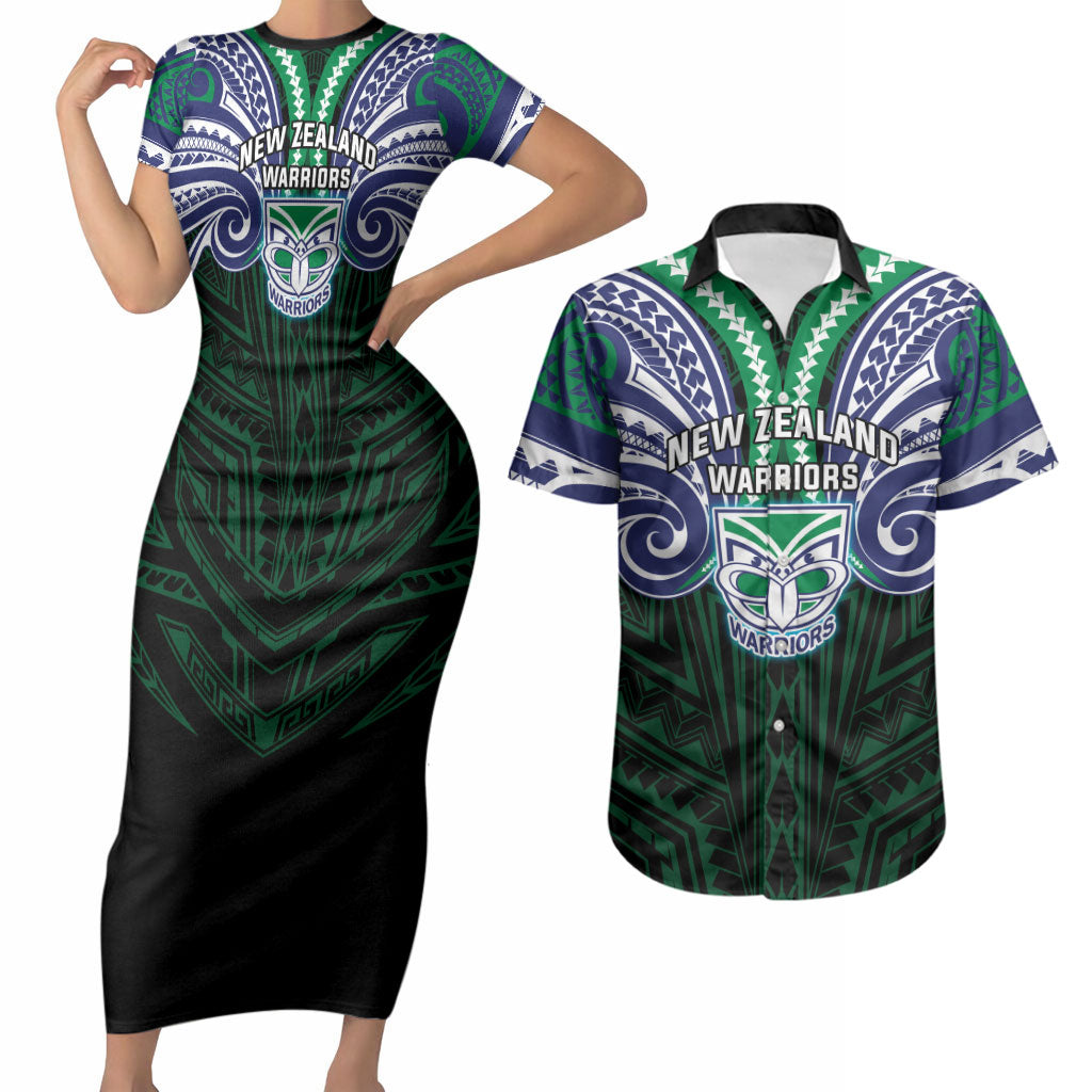 Custom New Zealand Warriors Couples Matching Short Sleeve Bodycon Dress and Hawaiian Shirt Maori Warrior Polynesia Islander Rugby Mascot
