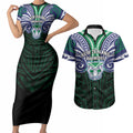 Custom New Zealand Warriors Couples Matching Short Sleeve Bodycon Dress and Hawaiian Shirt Maori Warrior Polynesia Islander Rugby Mascot