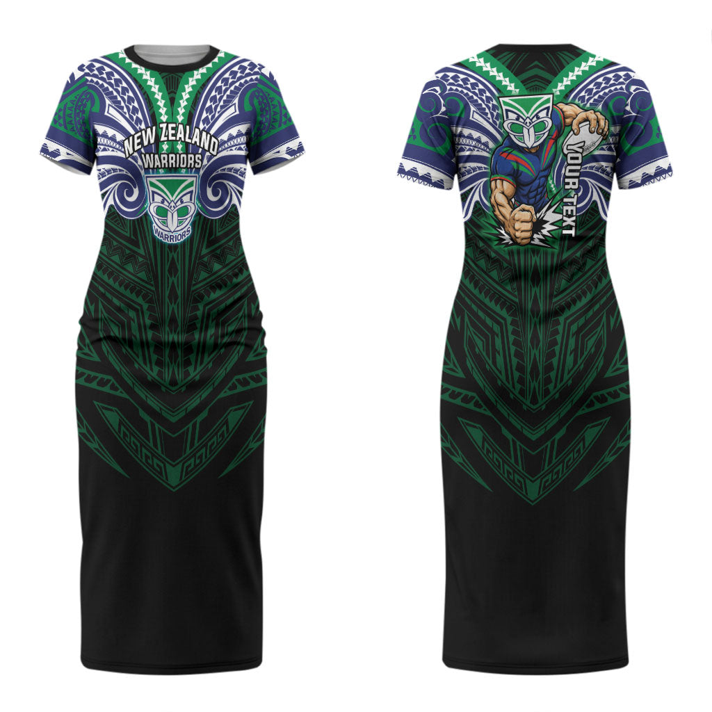 Custom New Zealand Warriors Couples Matching Short Sleeve Bodycon Dress and Hawaiian Shirt Maori Warrior Polynesia Islander Rugby Mascot