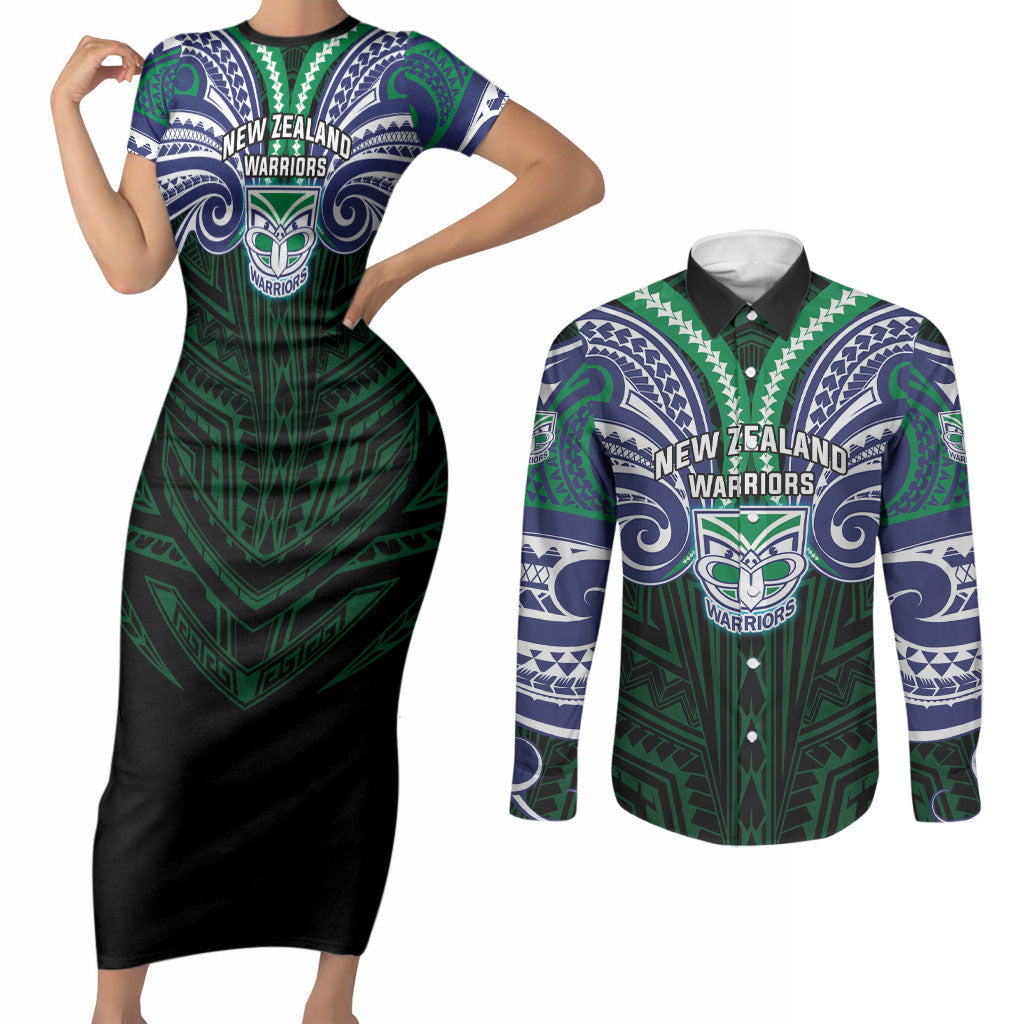 Custom New Zealand Warriors Couples Matching Short Sleeve Bodycon Dress and Long Sleeve Button Shirt Maori Warrior Polynesia Islander Rugby Mascot