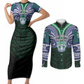 Custom New Zealand Warriors Couples Matching Short Sleeve Bodycon Dress and Long Sleeve Button Shirt Maori Warrior Polynesia Islander Rugby Mascot