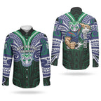 Custom New Zealand Warriors Couples Matching Short Sleeve Bodycon Dress and Long Sleeve Button Shirt Maori Warrior Polynesia Islander Rugby Mascot