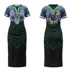 Custom New Zealand Warriors Couples Matching Short Sleeve Bodycon Dress and Long Sleeve Button Shirt Maori Warrior Polynesia Islander Rugby Mascot