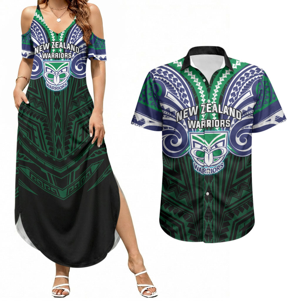 Custom New Zealand Warriors Couples Matching Summer Maxi Dress and Hawaiian Shirt Maori Warrior Polynesia Islander Rugby Mascot