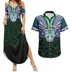 Custom New Zealand Warriors Couples Matching Summer Maxi Dress and Hawaiian Shirt Maori Warrior Polynesia Islander Rugby Mascot