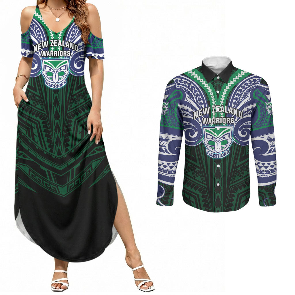 Custom New Zealand Warriors Couples Matching Summer Maxi Dress and Long Sleeve Button Shirt Maori Warrior Polynesia Islander Rugby Mascot